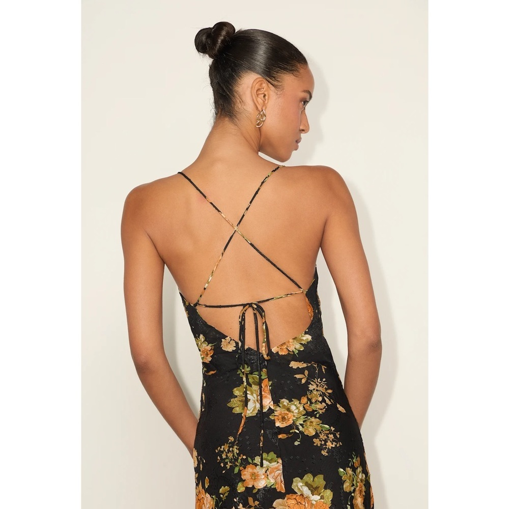 NWT Lulu’s Petal Prowess Black Floral Print Lace-Up Cowl Midi Dress Size XXS - Picture 6 of 10